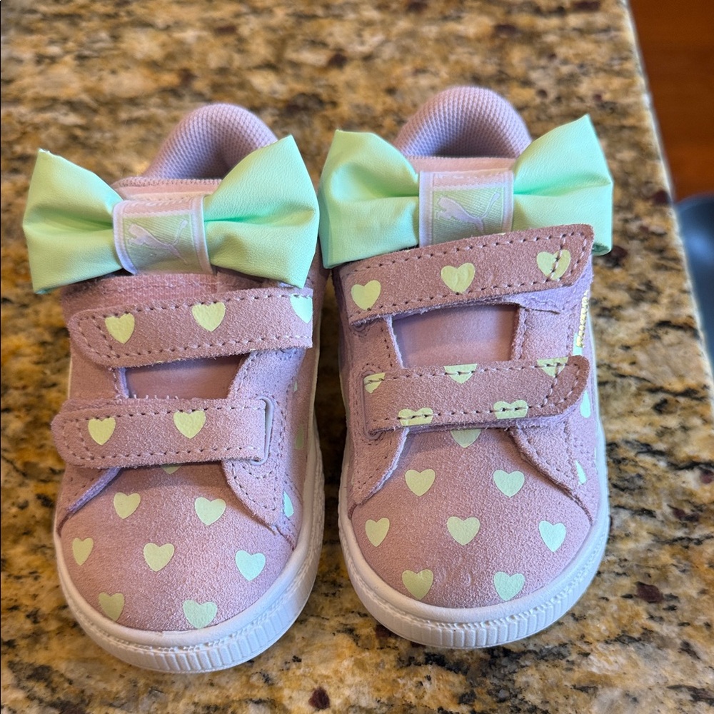 Toddler Heart-Print Pink & Mint Bow Sneakers